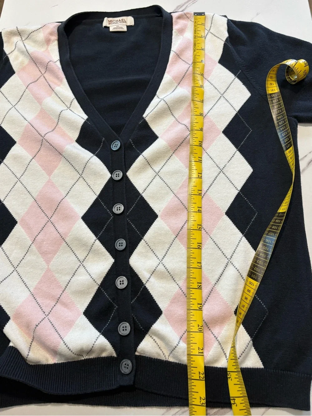 Michael Kors Black, Pink & Cream Argyle V-Neck Cardigan 100% Cotton XL